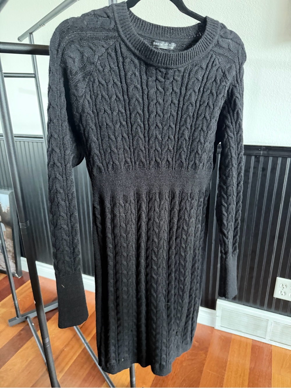 SHEIN Black Cable-Knit Long Sleeve Sweater Dress